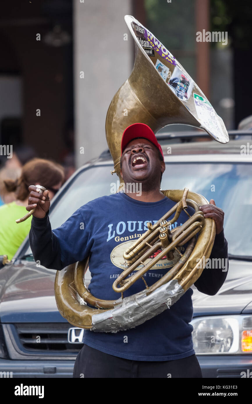 African-American musician enjoys playing music on tube at Jackson Square, French Quarter, New Orleans, Louisiana Stock Photo