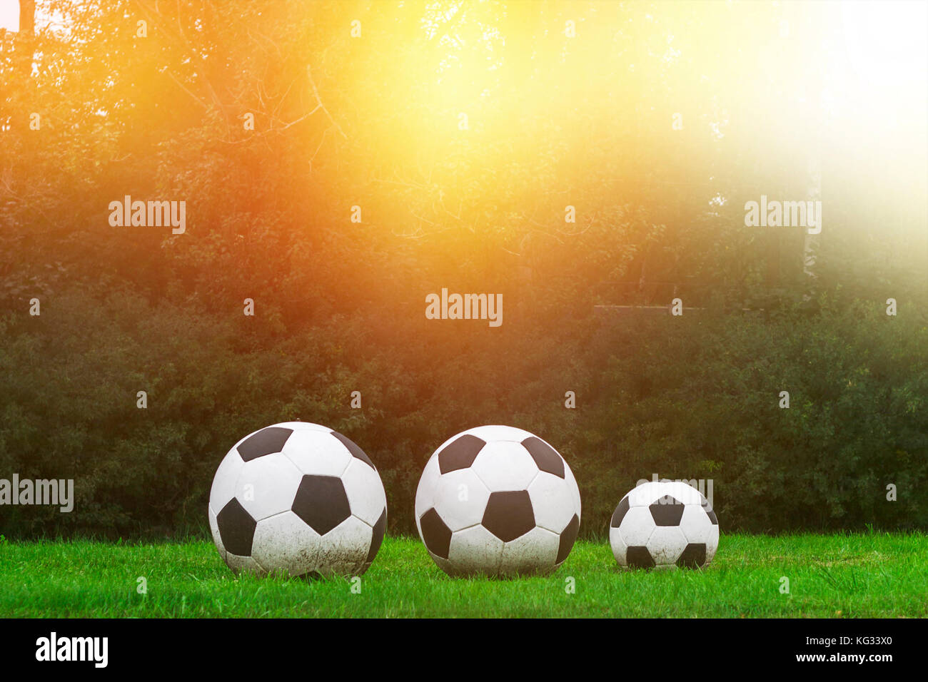 Three soccer balls stand in a row on the green grass. Sport game Stock