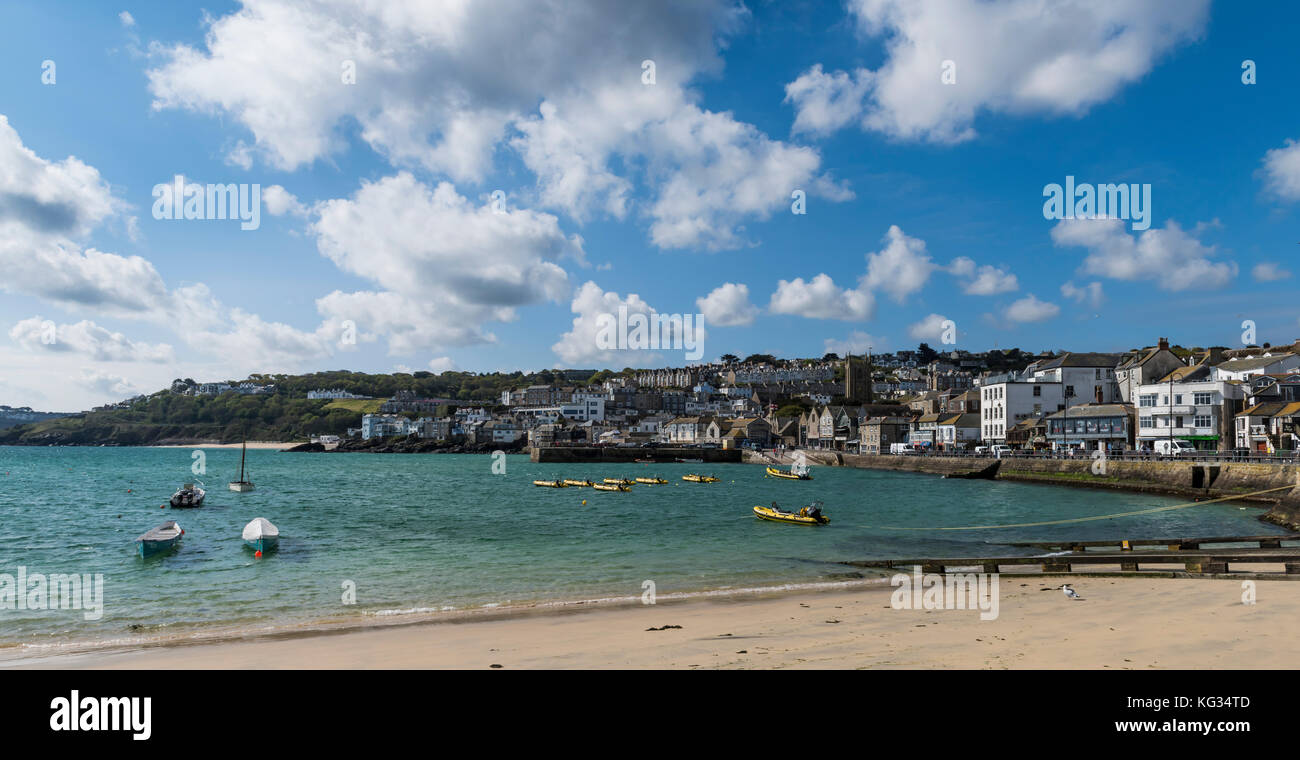 Saint Ives, England - April 29, 2017: Harbor with beach of Saint Ives in Cornwall, England. Stock Photo