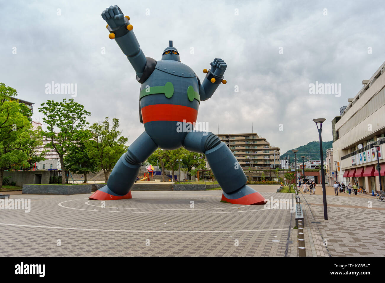 KOBE, JAPAN - June 5, 2015 : Tetsujin-28-go statue was built to commemorate the 15th anniversary of the Great Hanshin earthquake (Kobe, January 17th, 1995). Stock Photo