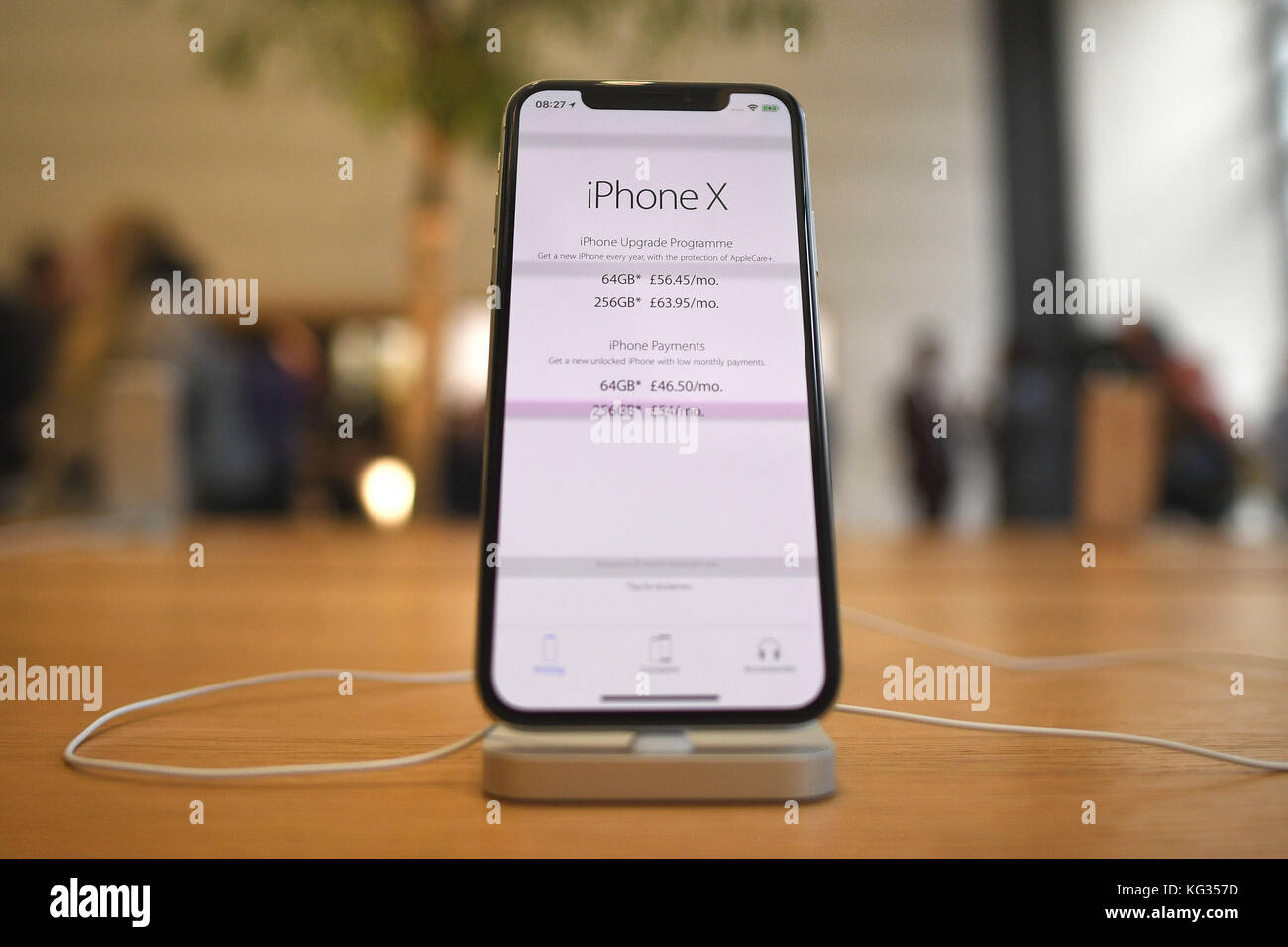 An iPhone X on display in the Apple Store on Regent Street, London, as the new handset went on-sale in the UK. Stock Photo