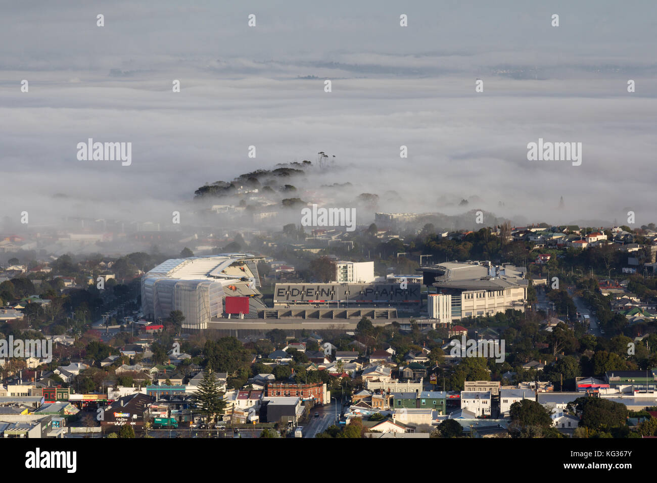 Eden Park as seen from Mount Albert on a foggy morning, Auckland, New Zealand Stock Photo