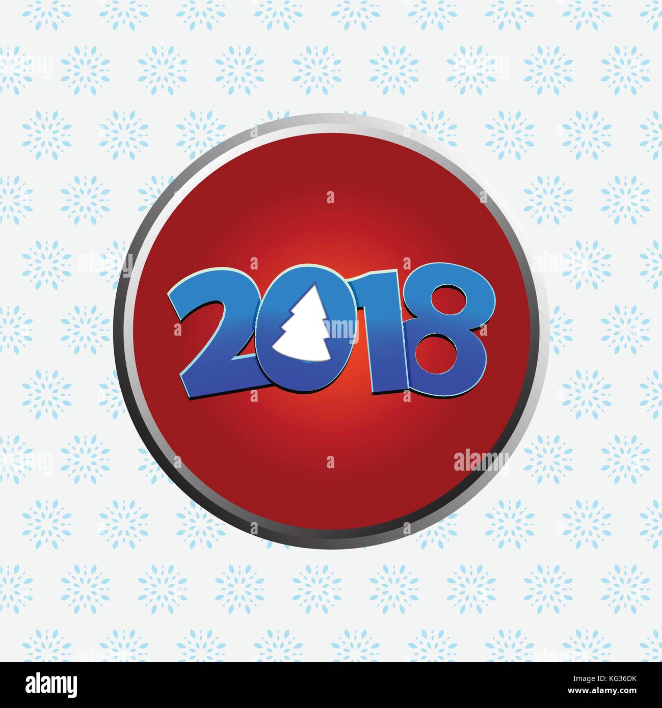 Twenty Eighteenth New Years decorated date  with Abstract Christmas Tree Metallic Red Border Over White Background with Snowflakes Stock Vector