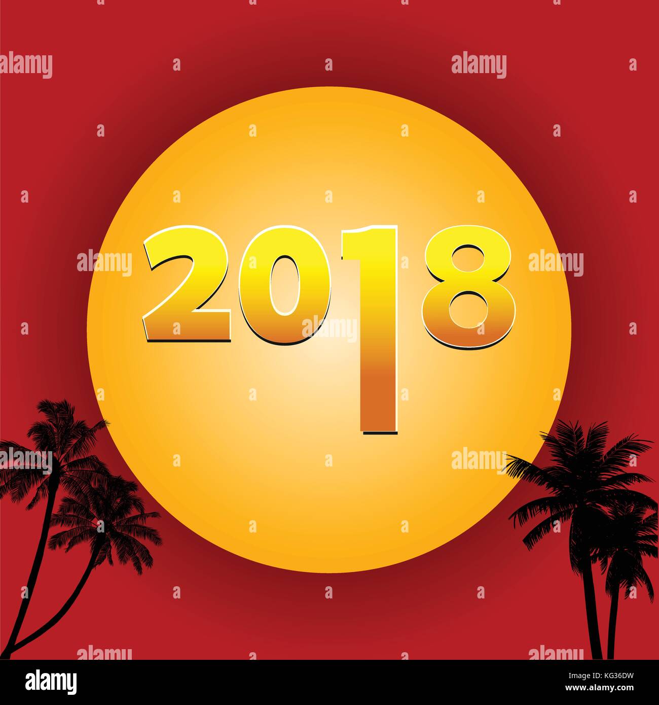 Twenty Eighteenth 2018 Decorative Golden date Over Big Moon on Red Background with Palm Trees Stock Vector