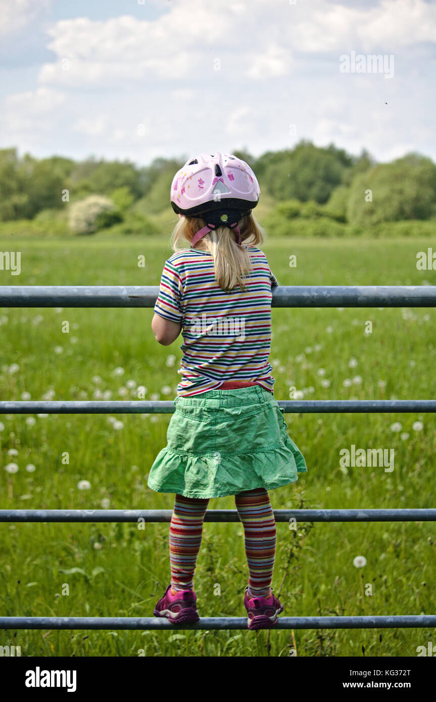 Little girl wearing a striped t-shirt, green skirt and a pink bicycle helmet standing on a field gate looking out over a green field full of dandelion Stock Photo