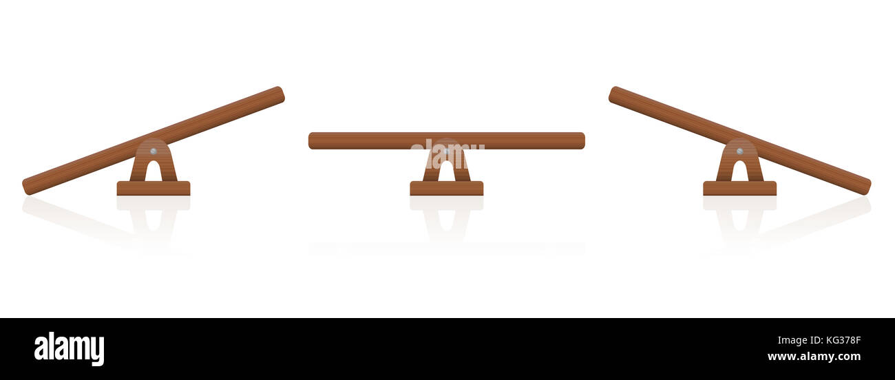 Seesaw or wooden balance scale set of three items - balanced and unbalanced, equal and unequal weightiness - illustration on white background. Stock Photo