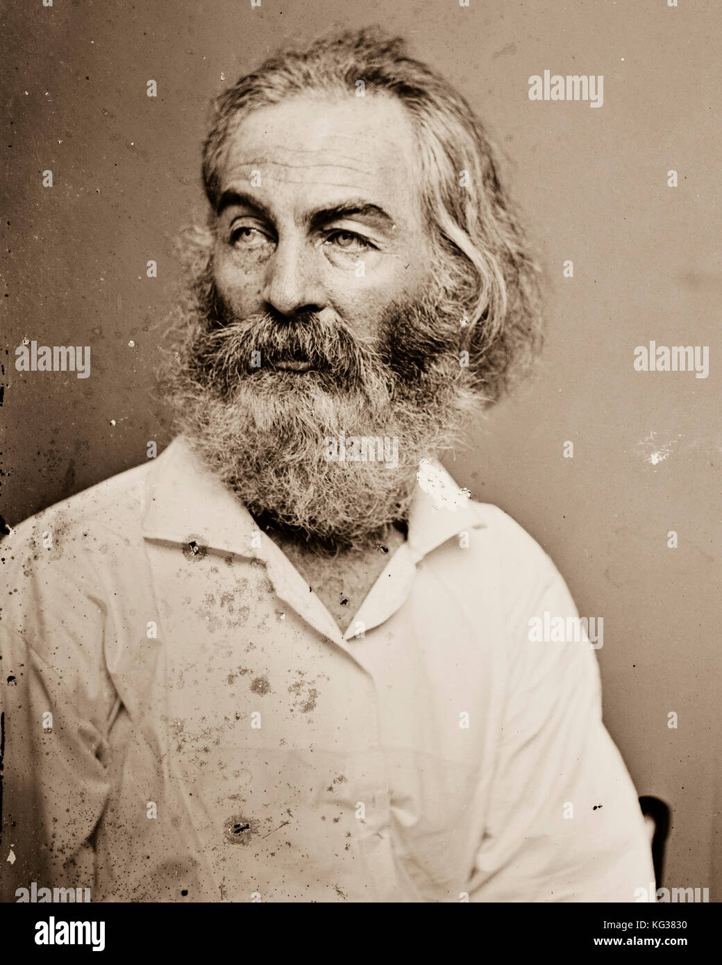 TITLE:  Walt Whitman RIGHTS INFORMATION:  No known restrictions on publication. MEDIUM:  1 negative : glass, wet collodion. CREATED/PUBLISHED:  [between 1860 and 1865] Stock Photo
