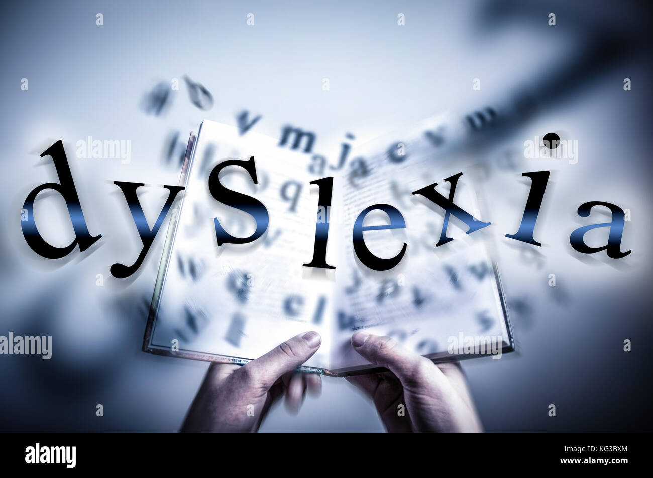 Dyslexia concept image of a child struggling to read jumbled letters coming out of a book Stock Photo