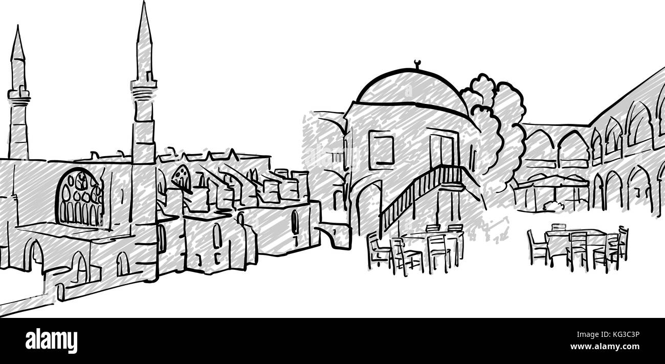 Nicosia, Cyprus famous Travel Sketch. Lineart drawing by hand. Greeting card design, vector illustration Stock Vector