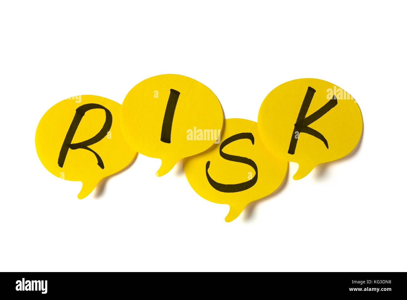 Yellow stickers with shape of speech bubble, written risk text on it ...
