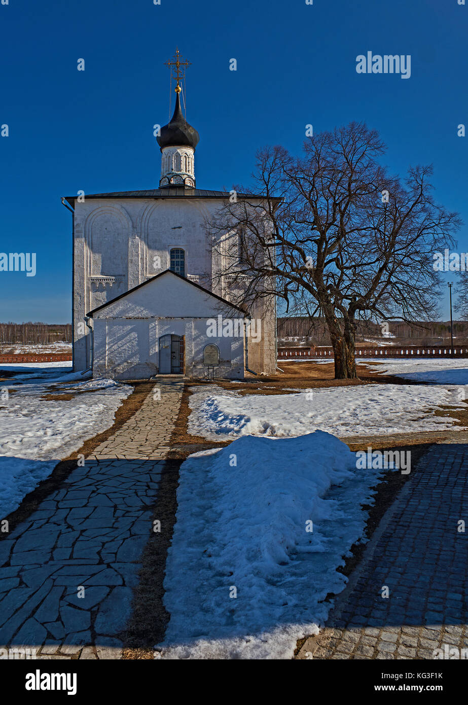 Ancient Orthodox Church.City landscape of Suzdal. Vintage stone orthodox temple of the founder of Moscow Yuri Dolgoruky.Suzdal.Golden Ring of Russia Stock Photo