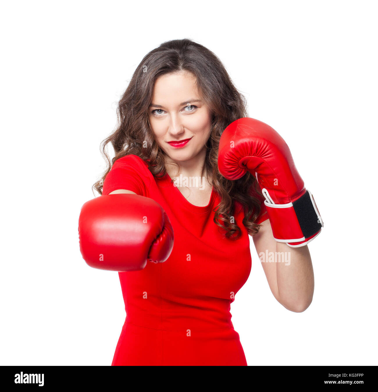 Beautiful girl with red boxing glove isolated on white background Stock Photo