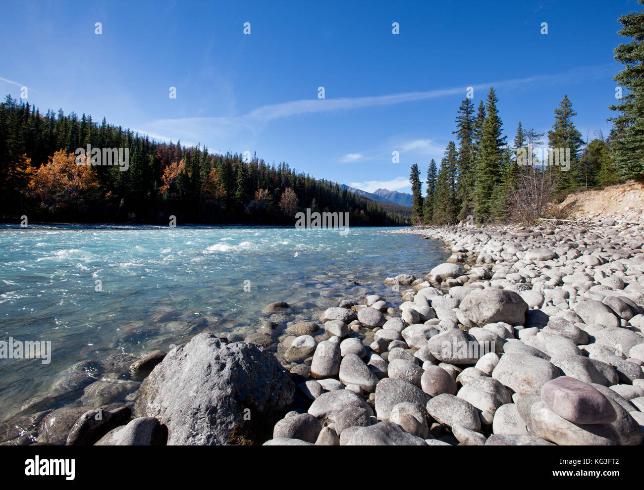 the Athabasca river flows by the Canadian rocky mountains in Alberta, Canada Stock Photo