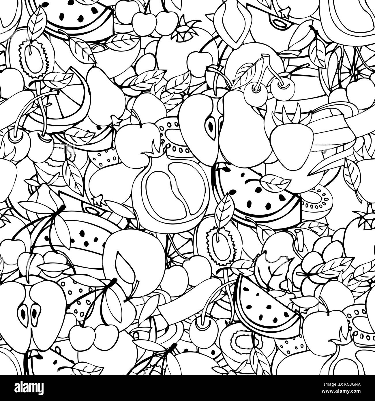 Seamless pattern with set of sweet fruits and berries. Apples, watermelon grapes bananas kiwi cherry. Food, fruit. Seamless texture. Doodle, cartoon d Stock Vector