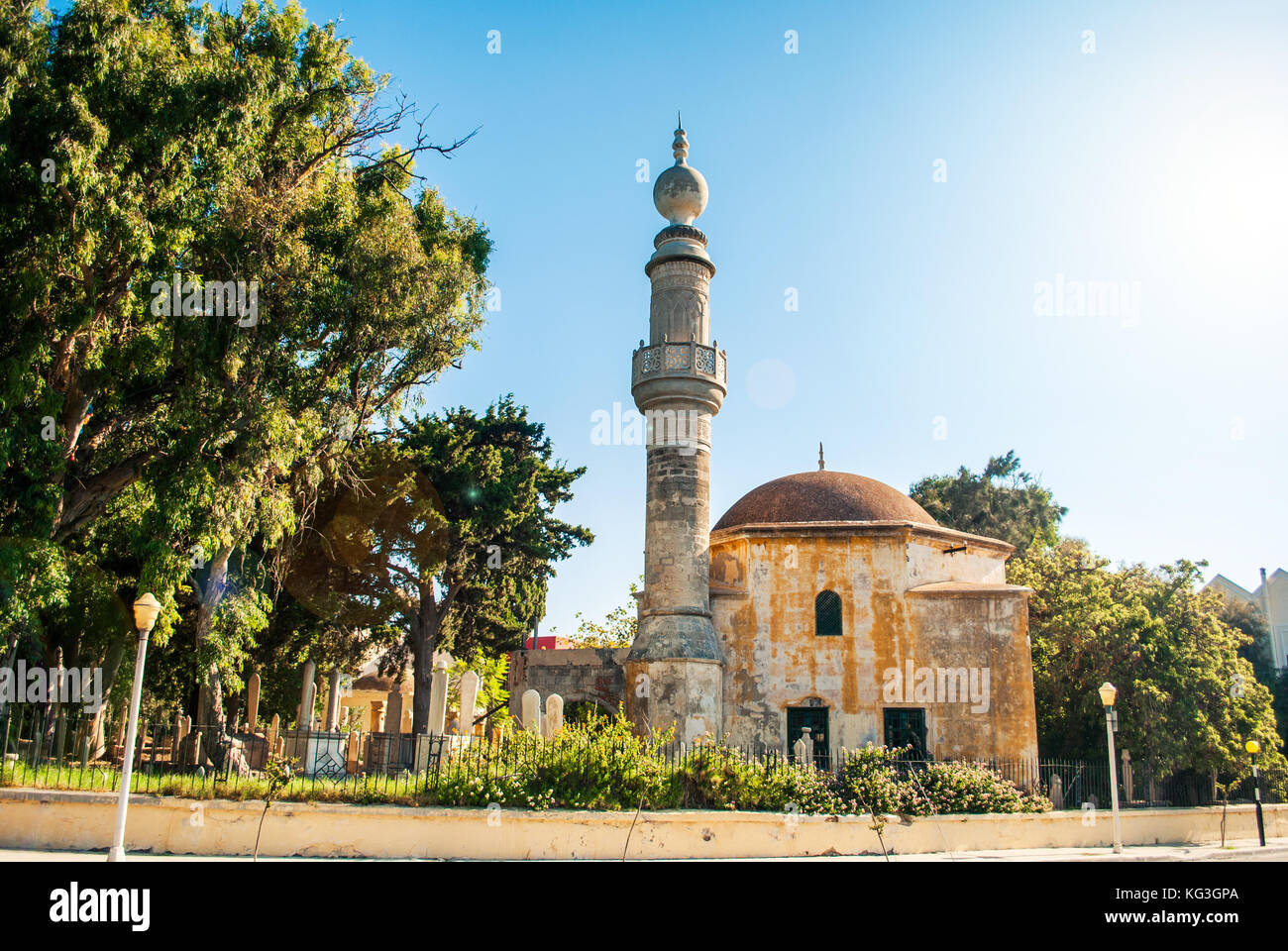 Mosque with sunny skies in the background, Rhodes, Greece, the old town Stock Photo