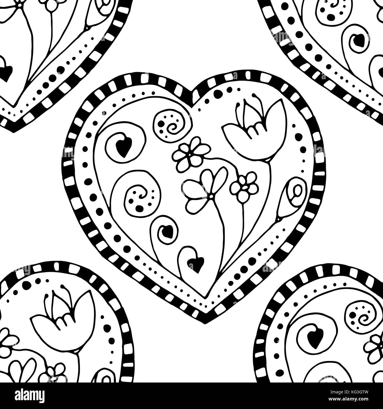 Seamless grayscale Sketchy Doodle Heart Swirls Vector Illustration ...