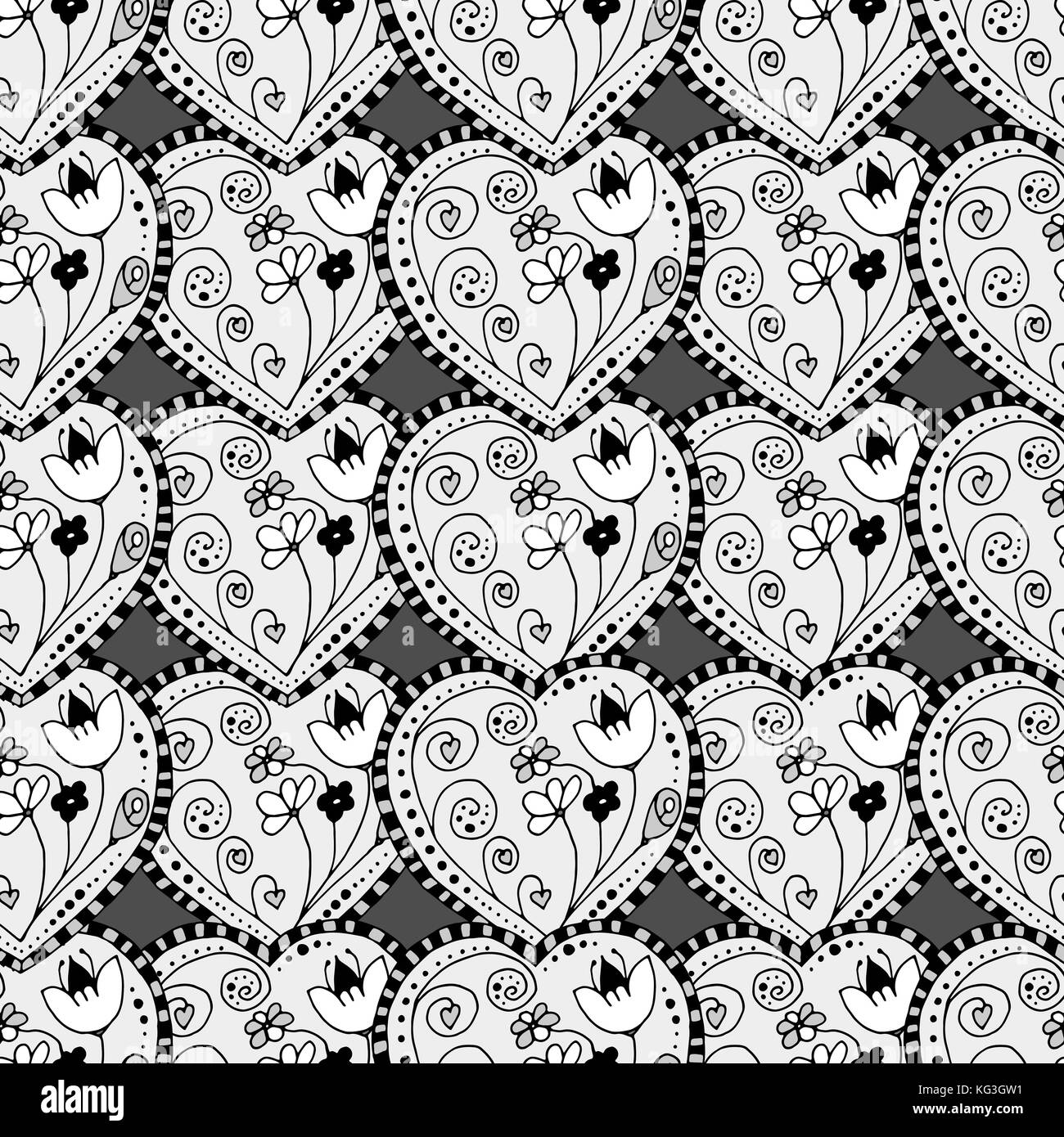 Seamless grayscale Sketchy Doodle Heart Swirls Vector Illustration ...