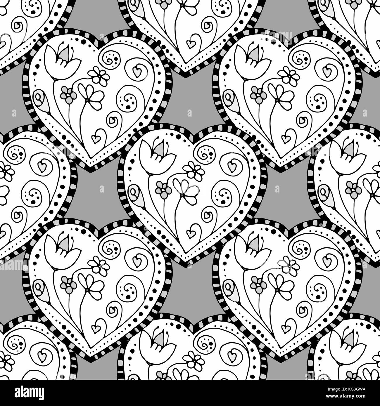 Seamless grayscale Sketchy Doodle Heart Swirls Vector Illustration ...
