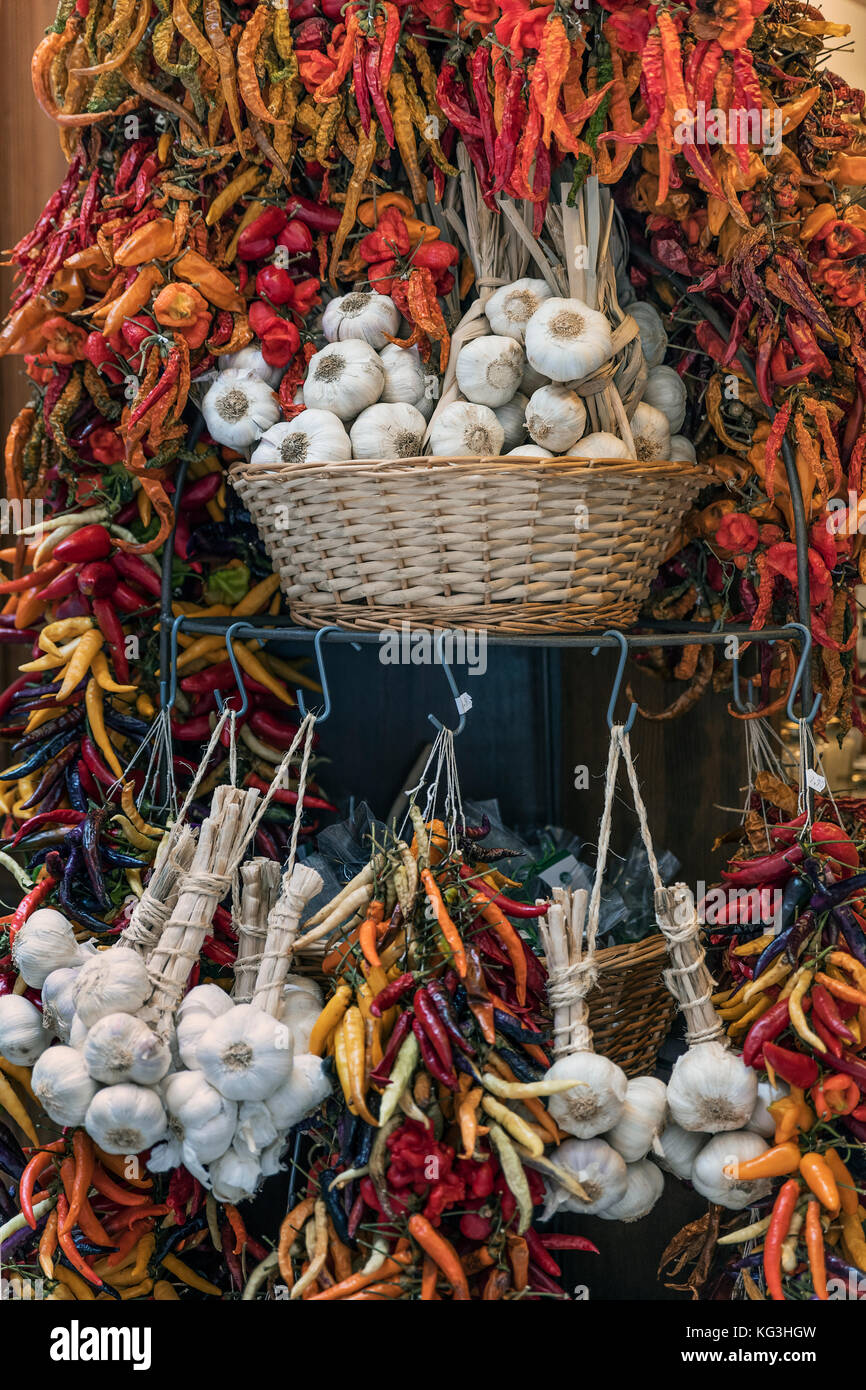 Fresh garlic and peppers in a market stall, Palma de Mallorca, Spain. Stock Photo