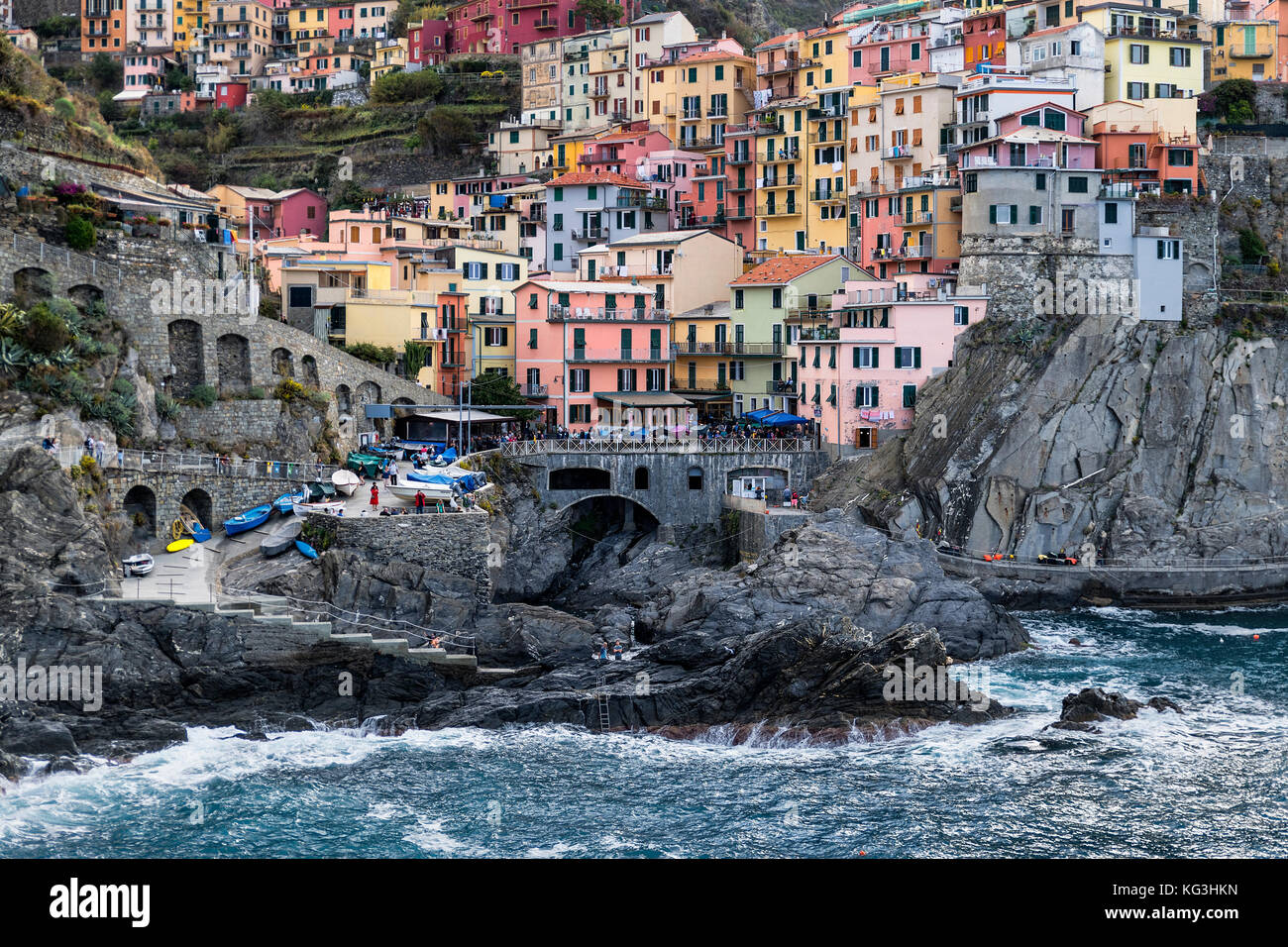 Charming coastal village, Riomaggiore, Cinque Terre, Italy. Stock Photo