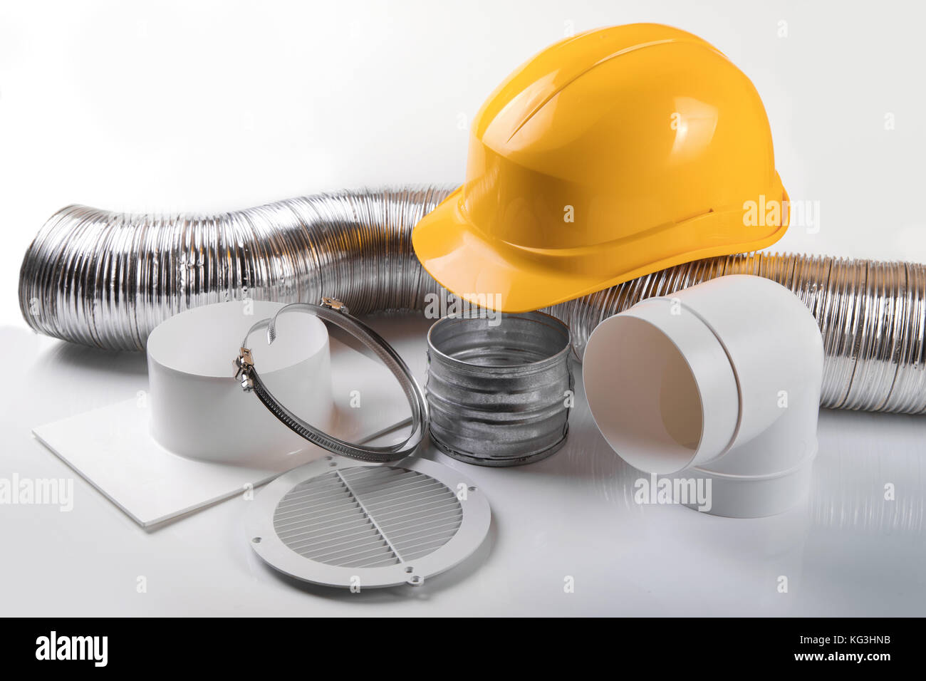ventilation system equipment and helmet on white background Stock Photo