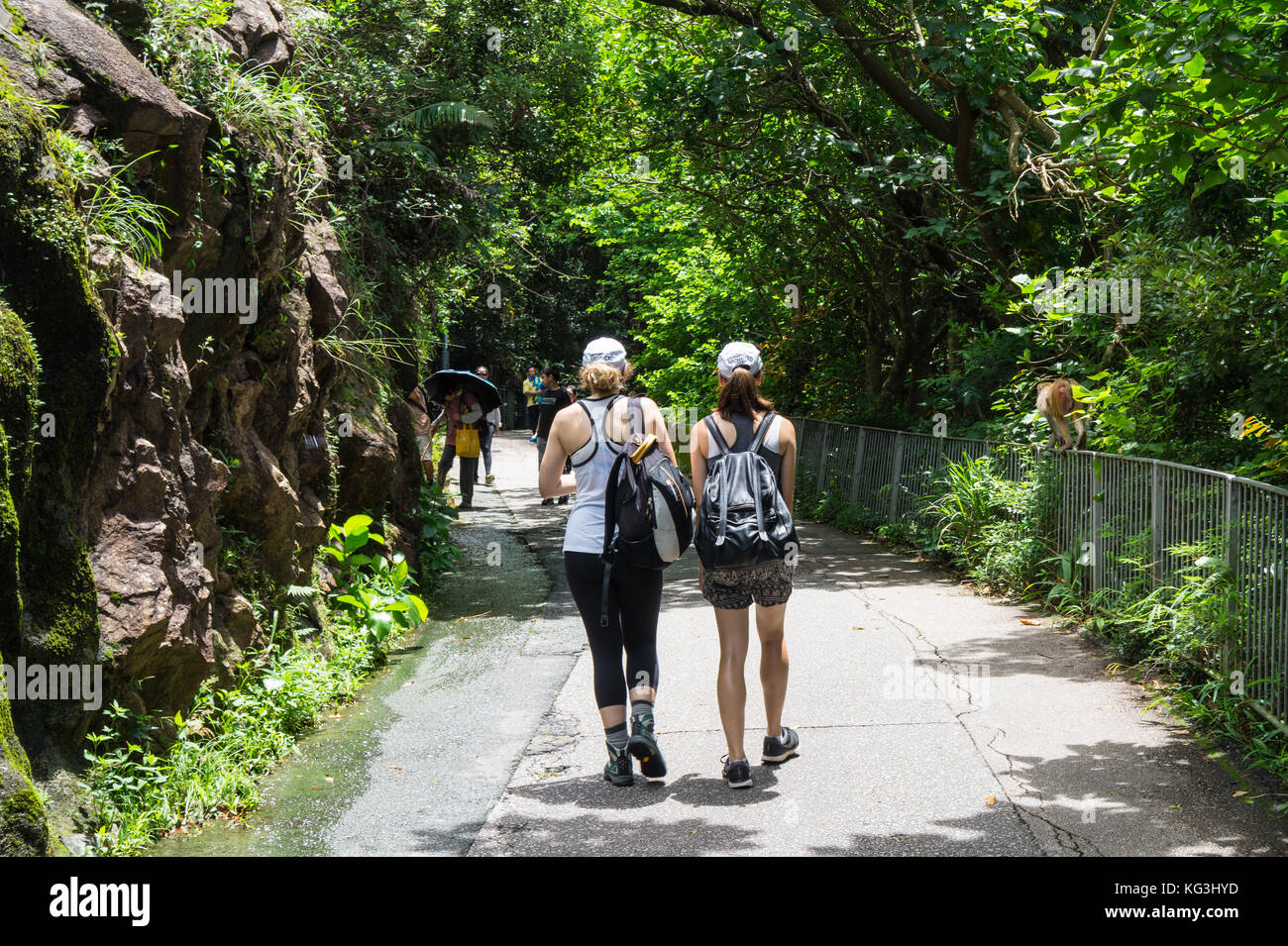 Two hikers on paved hiking trail in Hong Kong SAR Stock Photo