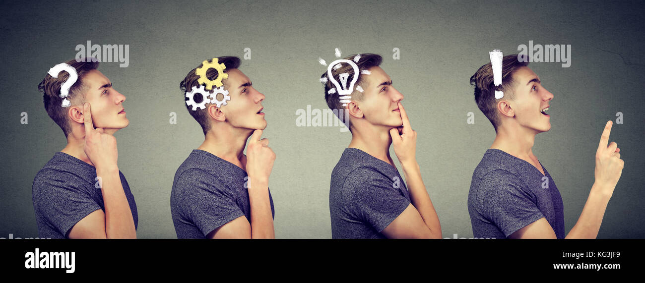 Emotional intelligence. Side view sequence of a man thoughtful, thinking, finding solution with gear mechanism, question, exclamation, lightbulb symbo Stock Photo