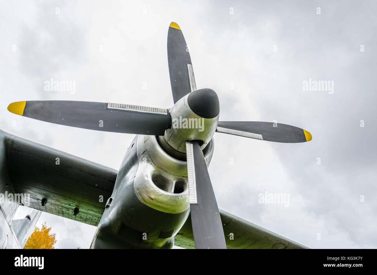 Close up of airplane turboprop engine with propeller, parts of aircraft ...