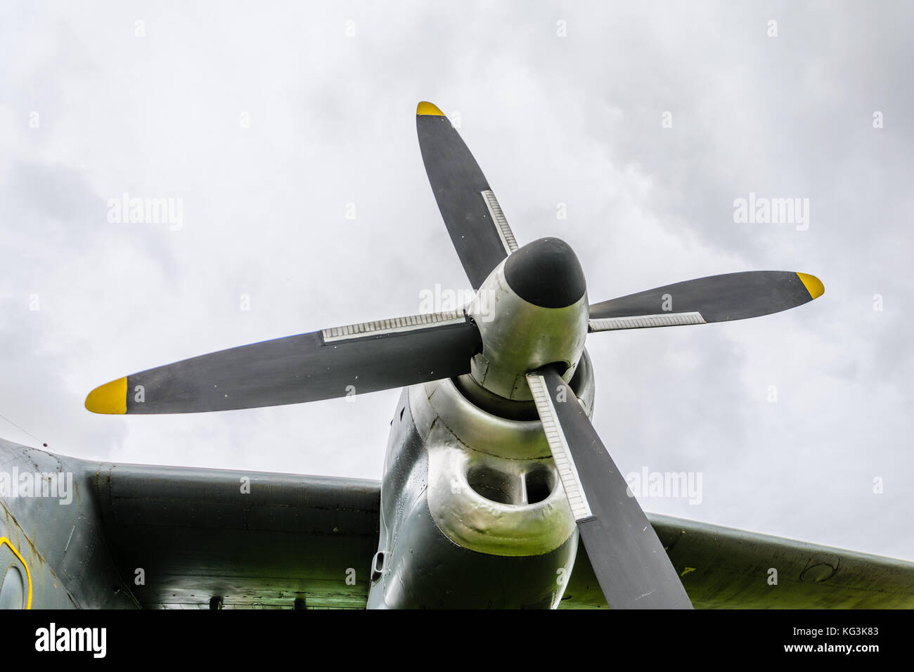 Close up of airplane turboprop engine with propeller, parts of aircraft ...