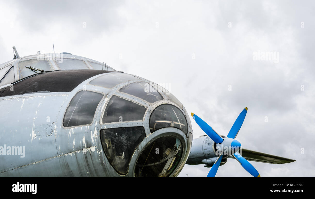 Close up of airplane turboprop engine with propeller, parts of aircraft ...