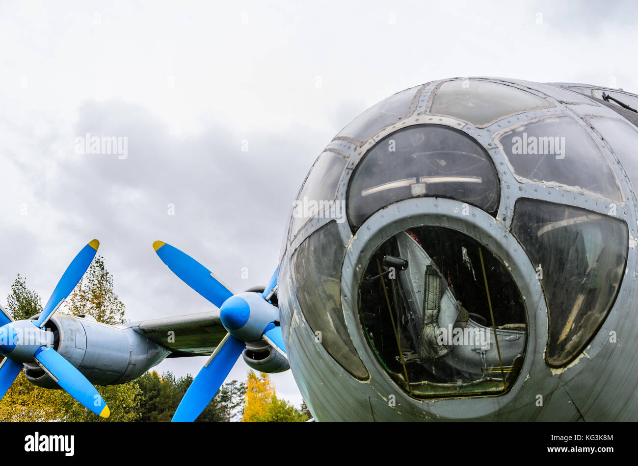 Close up of airplane turboprop engine with propeller, parts of aircraft ...