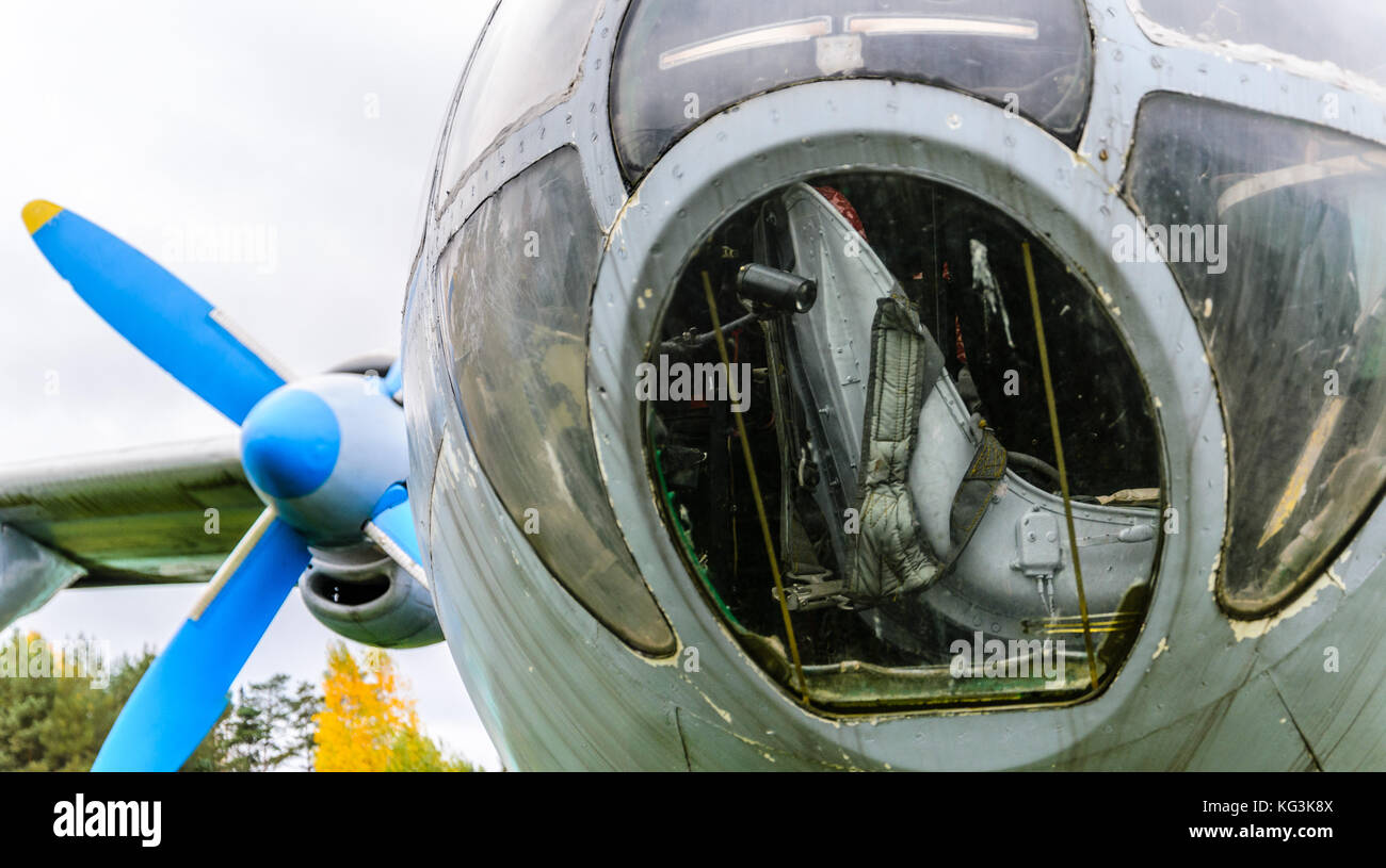 Close up of airplane turboprop engine with propeller, parts of aircraft ...
