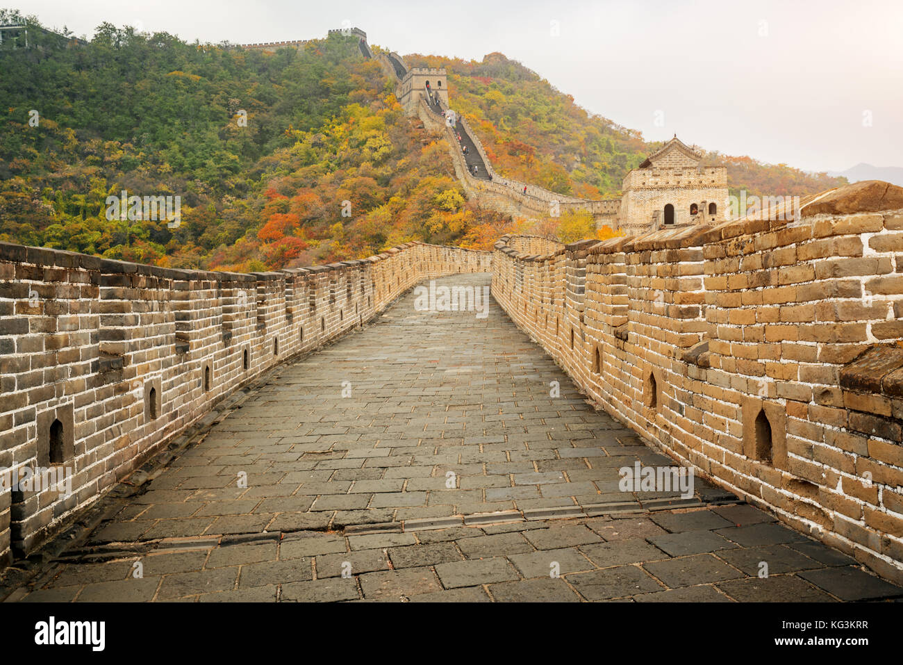 China The great wall distant view compressed towers and wall segments autumn season in mountains near Beijing ancient chinese fortification military l Stock Photo