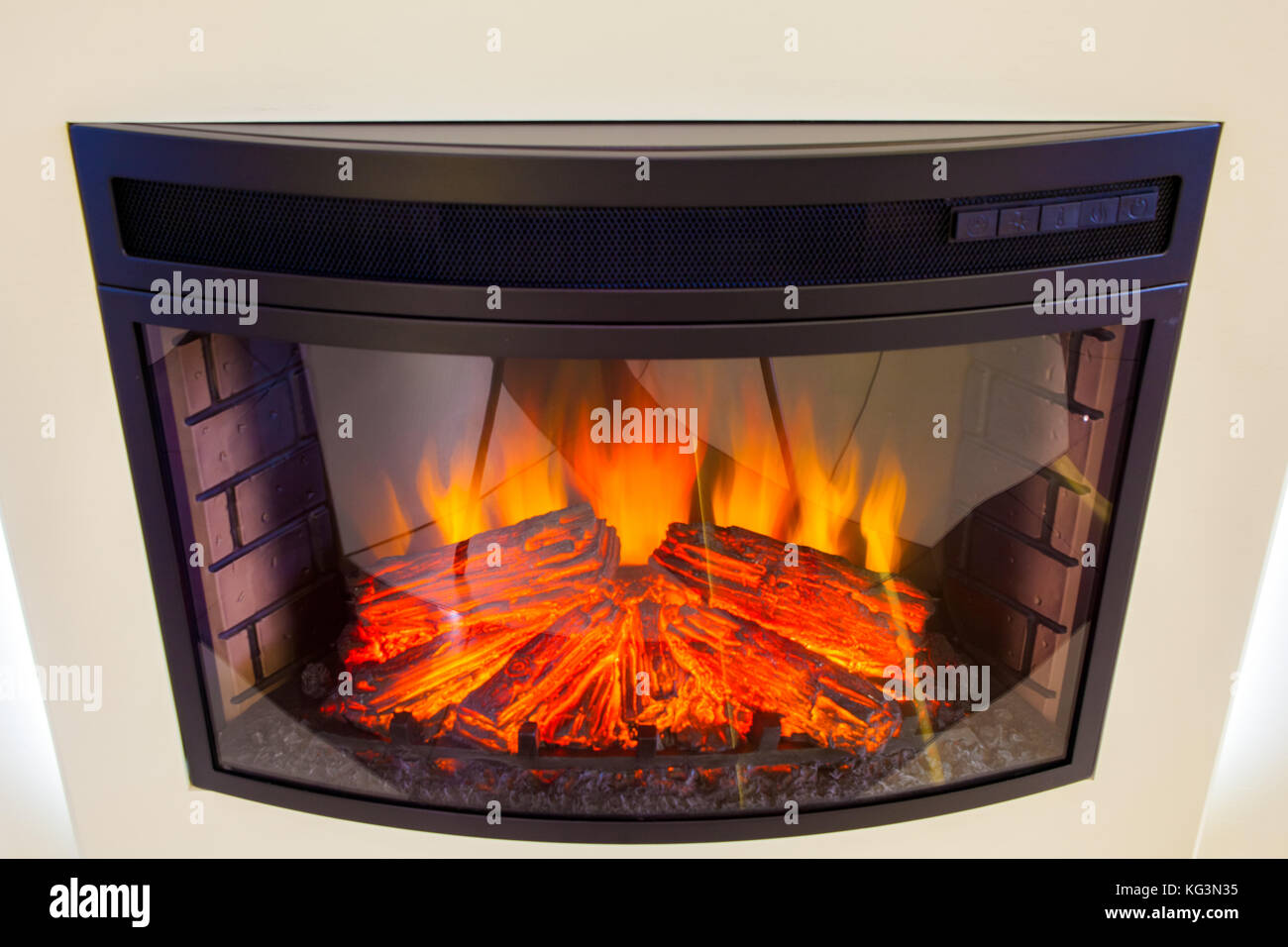 Close Up White Electric Fireplace With Fire Stock Photo 164810217