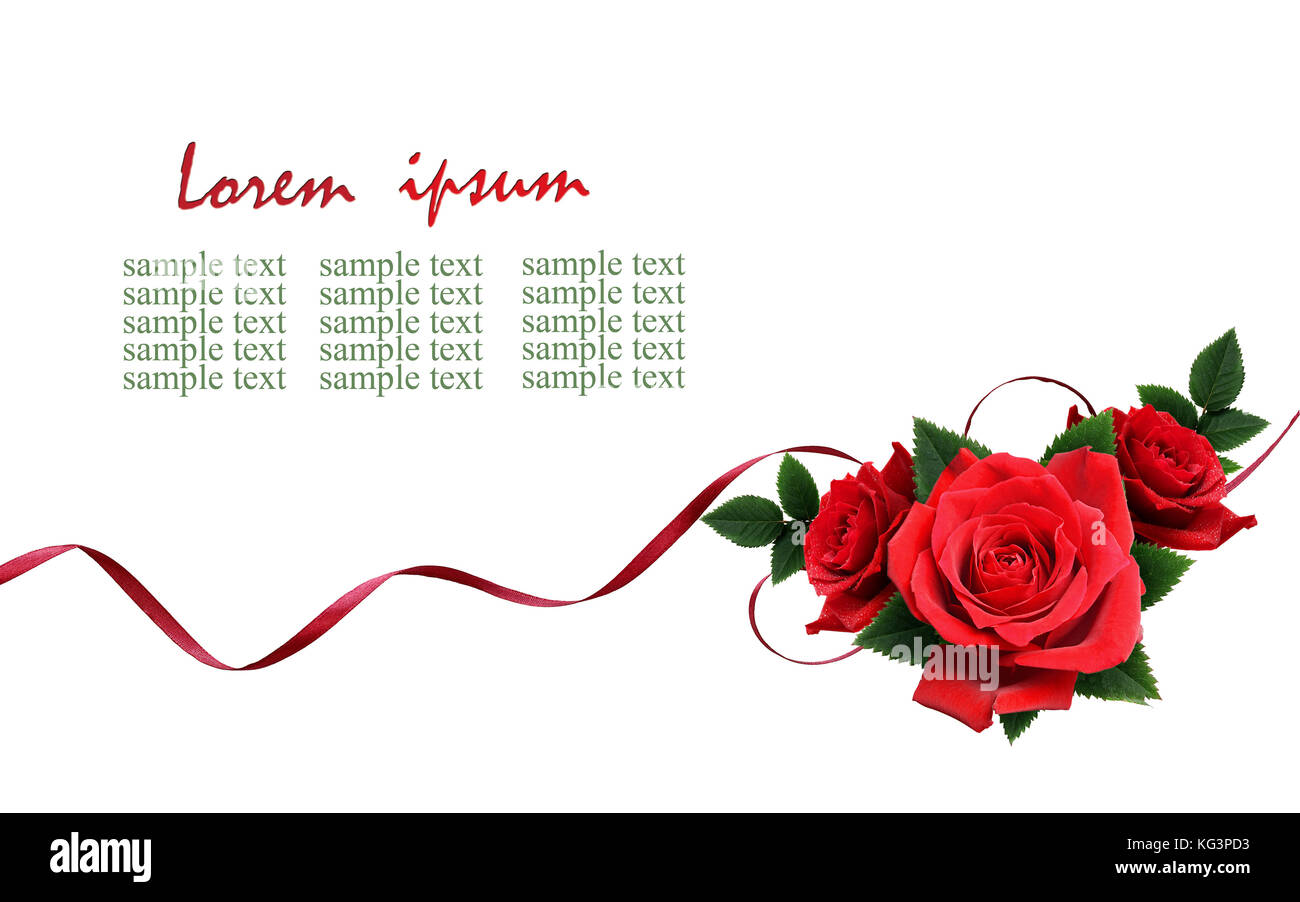 Red rose flowers and silk ribbon arrangement isolated on white Stock ...