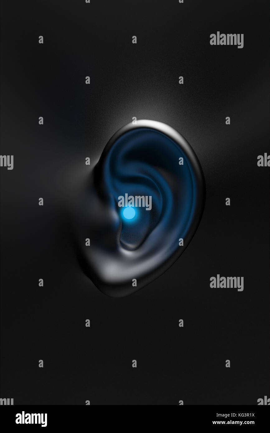 A 3d model of a human ear with a bright light coming out of it. Sound ...