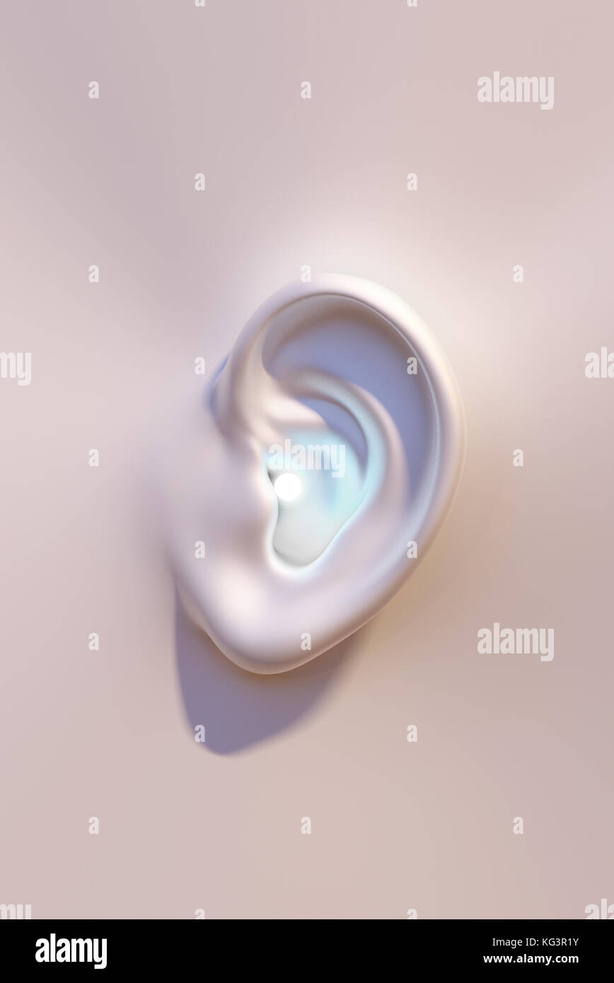 A 3d model of a human ear with a bright light coming out of it. Sound concept Stock Photo