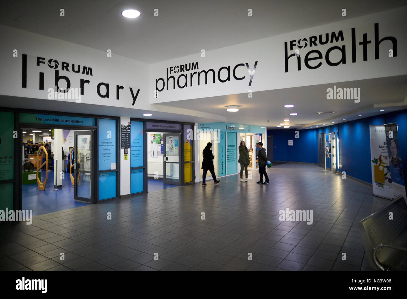 Inside interior of Wythenshawe Forum, showing the Library, Pharmacy and Health centre Stock Photo