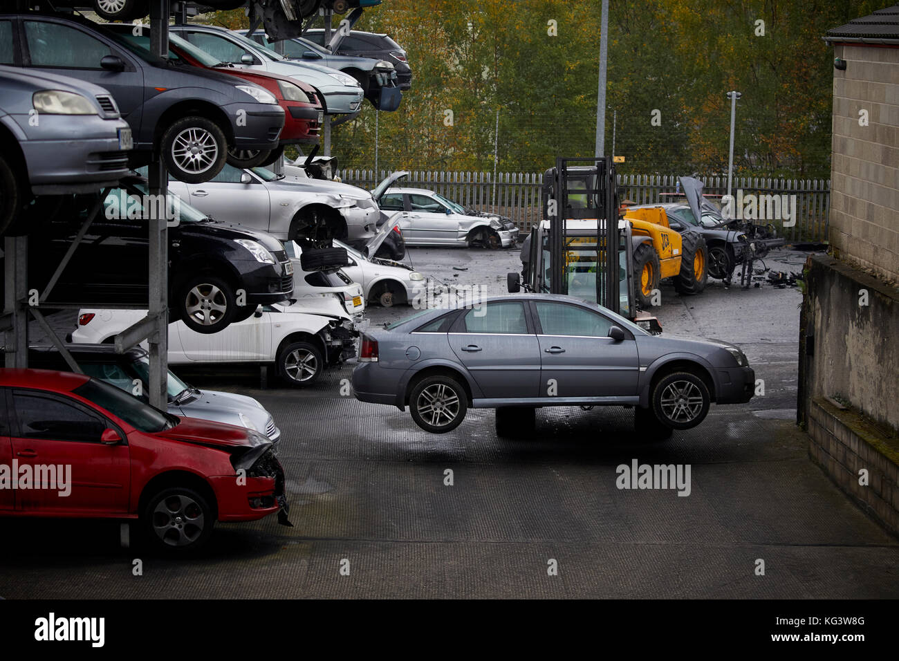 Motorhog car scrap yard in Huddersfield, scrapped cars on racking rows