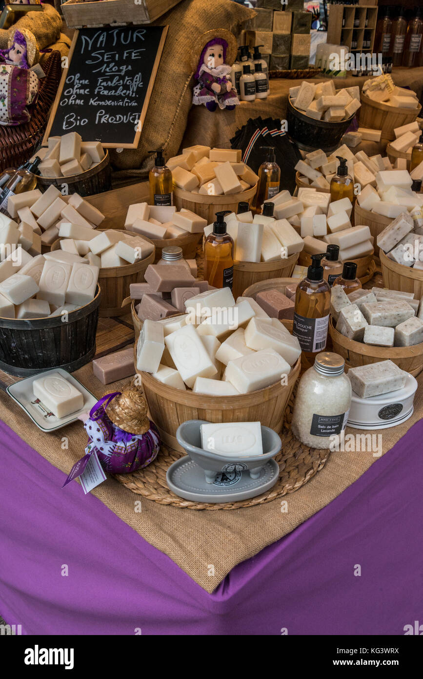 Handmade scented soaps for sale at a street market in the German