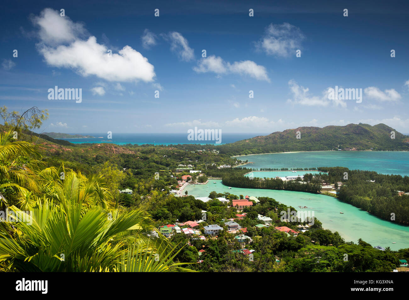 The Seychelles, Praslin, Baie St Anne elevated view from Fond Ferdinand