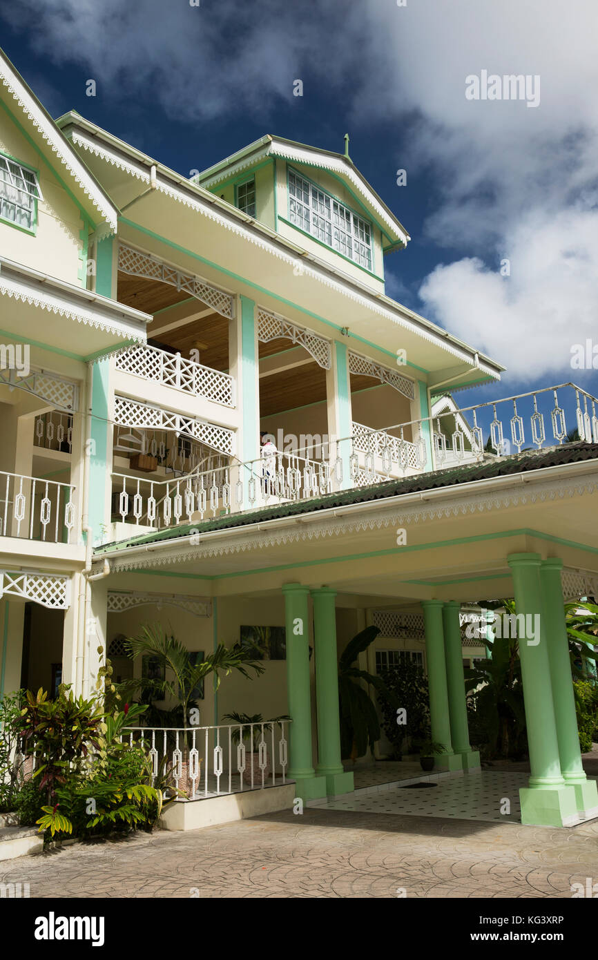 The Seychelles, Praslin, Grand Anse, Palm Beach Hotel entrance Stock Photo
