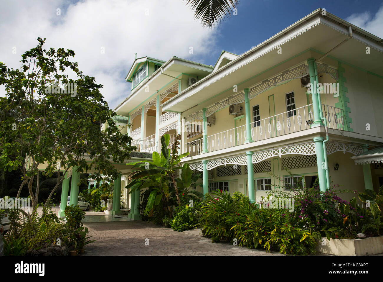 The Seychelles, Praslin, Grand Anse, Palm Beach Hotel entrance Stock Photo