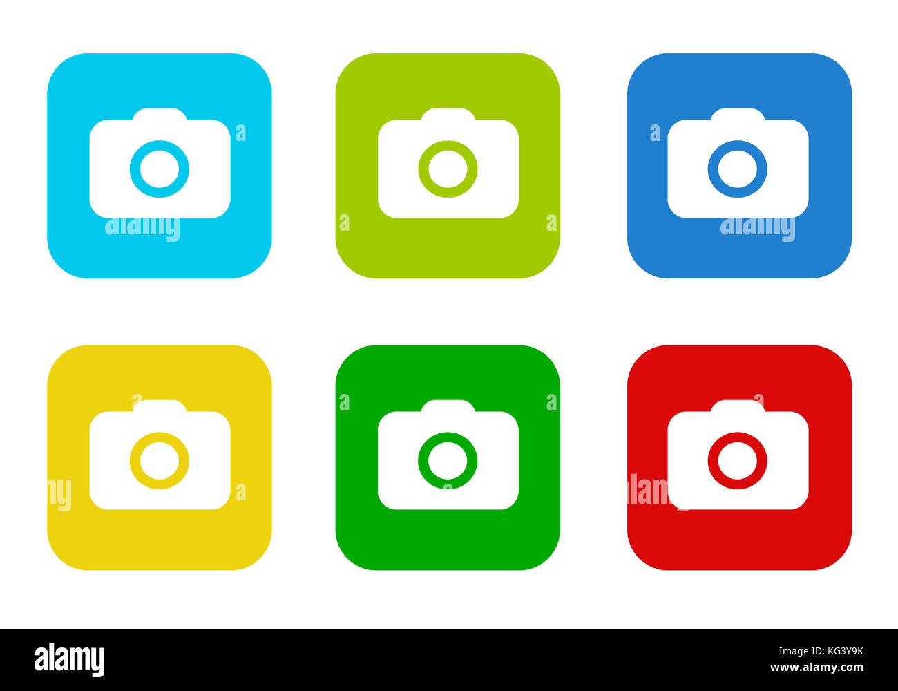 Set of rounded square colorful flat icons with camera symbol in blue ...