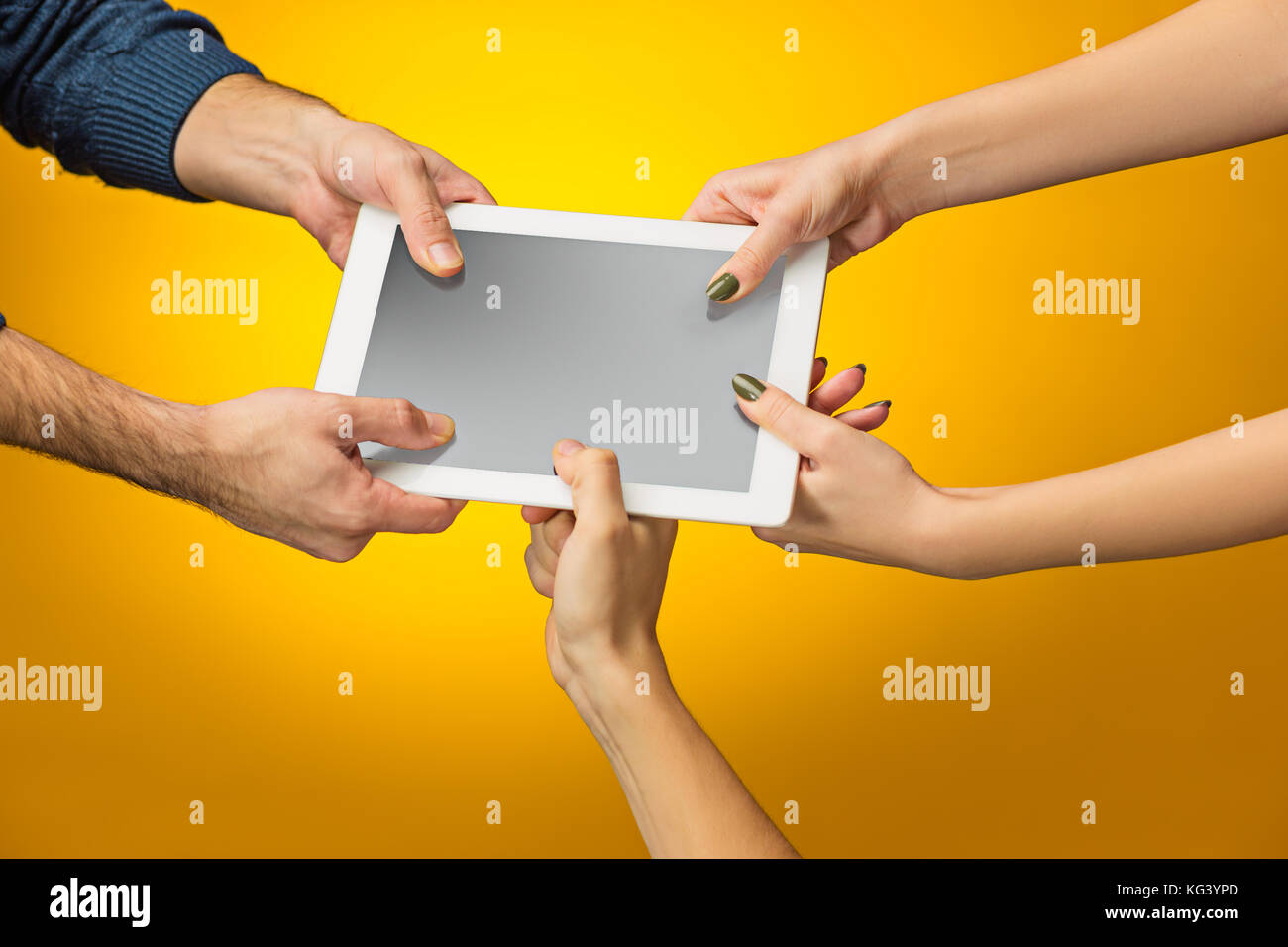 female teen hands using tablet pc with black screen, isolated Stock ...