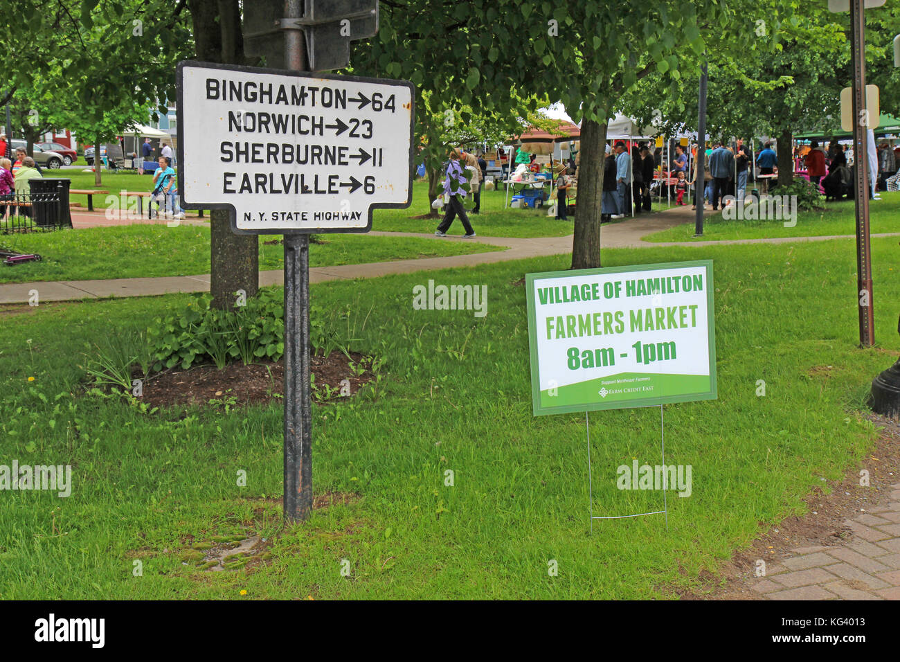 HAMILTON, NEW YORK - MAY 27 2017: Sign for the local farmers market in the village of Hamilton near Colgate University in upstate New York. Stock Photo