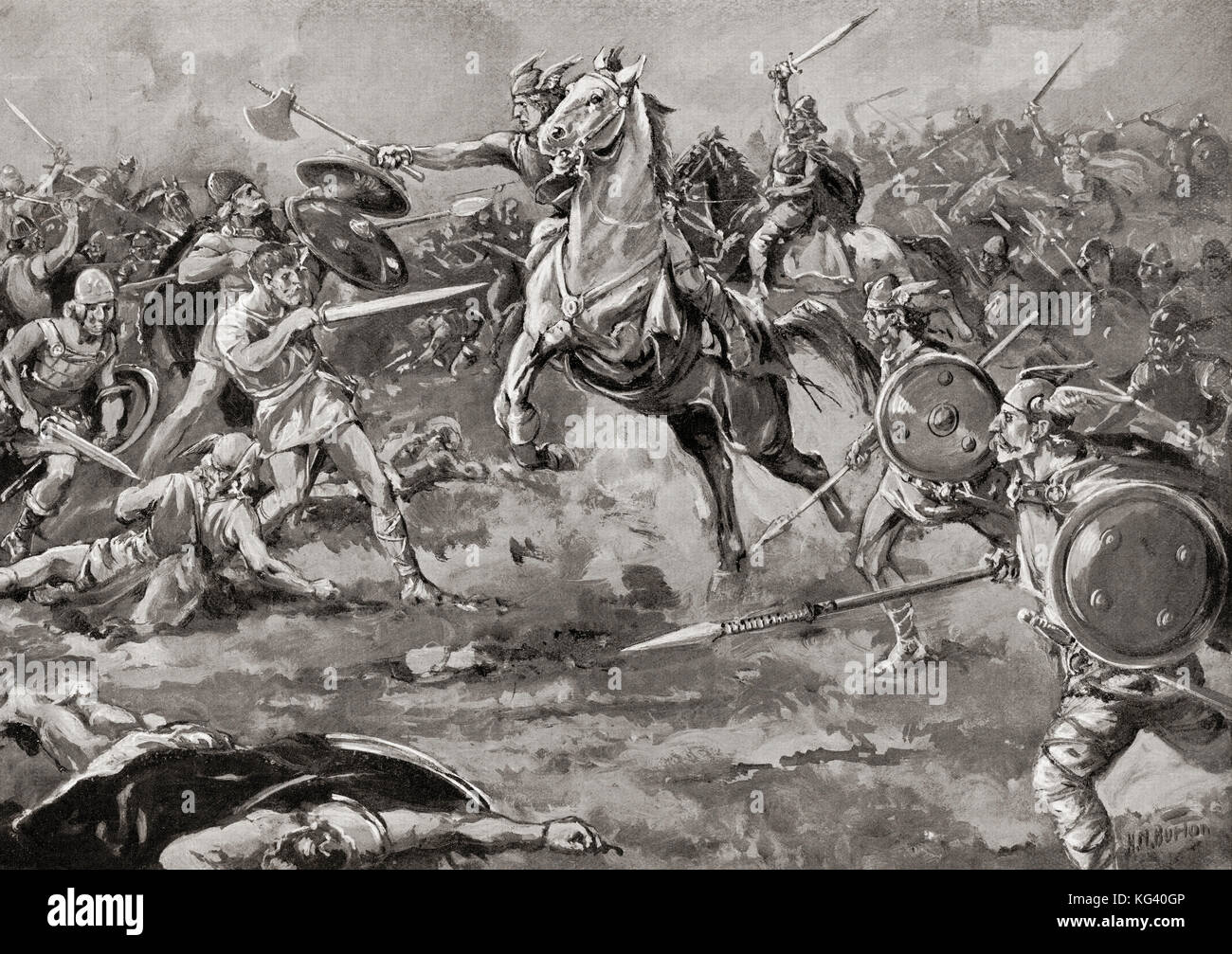 The Battle of the Catalaunian Plains (or Fields) aka the Battle of the Campus Mauriacus, Battle of Châlons or the Battle of Maurica, June 20, 451 AD, between a coalition led by the Roman general Flavius Aetius and the Visigothic king Theodoric I against the Huns.   From Hutchinson's History of the Nations, published 1915. Stock Photo