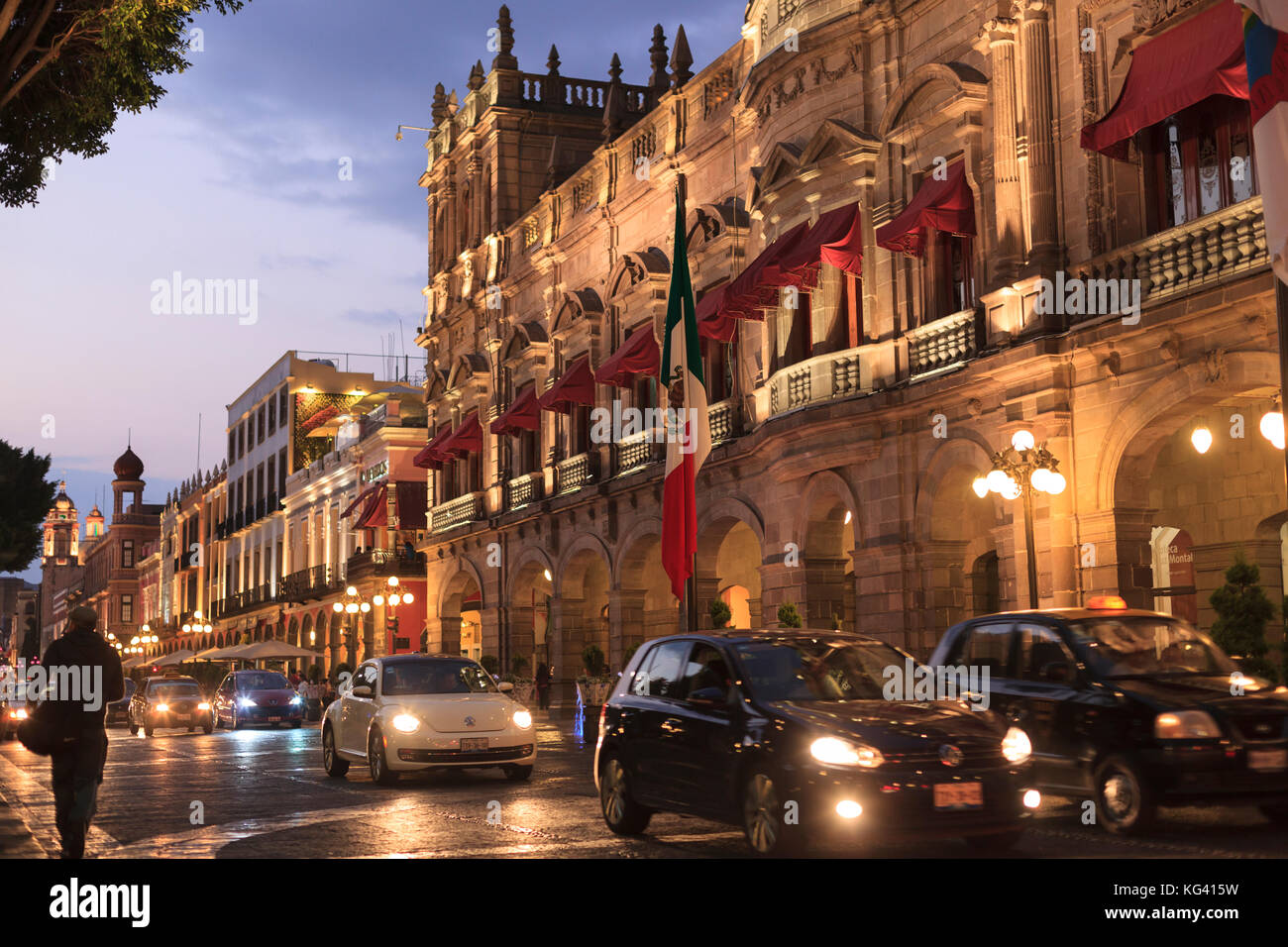 Downtown at Night, Puebla, Mexico Stock Photo