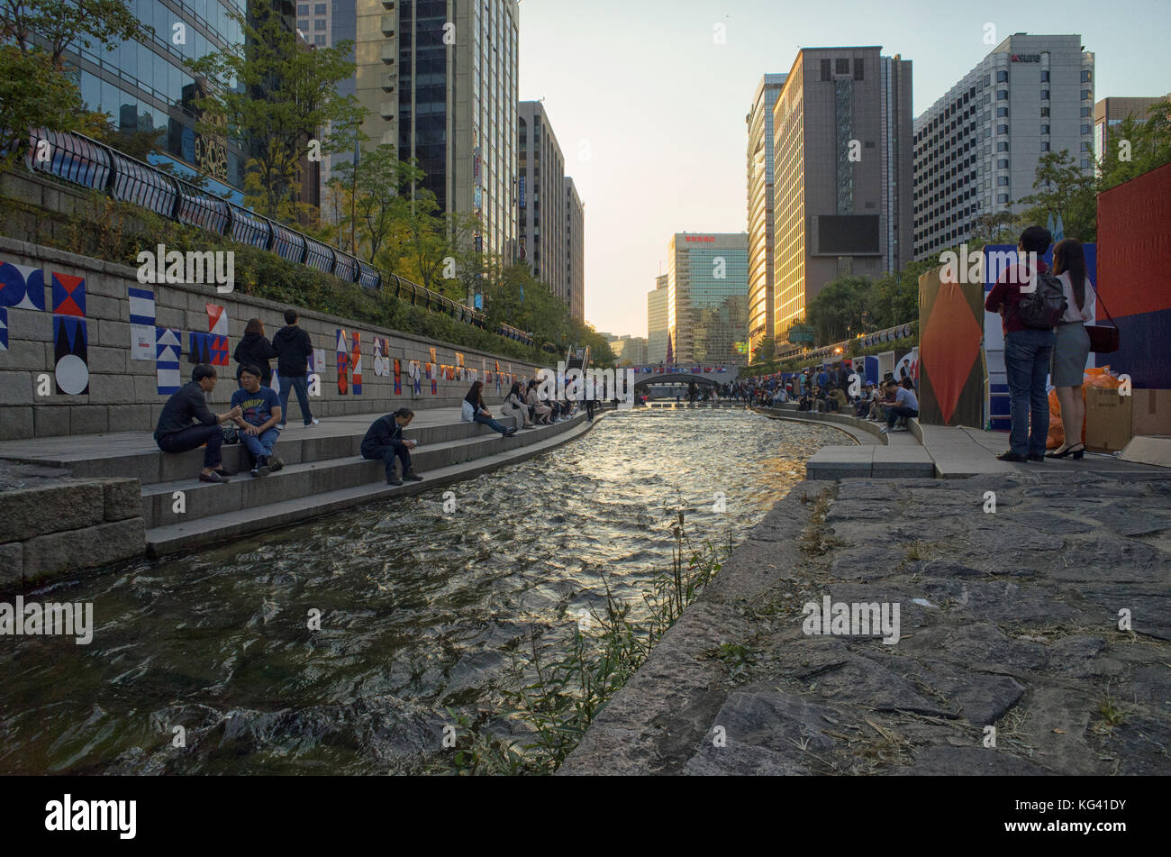 Cheonggyecheon Stream, central Seoul in South Korea at sunset Stock Photo