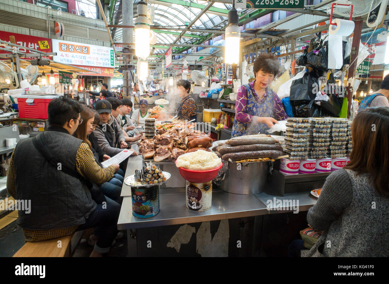 Foodstall in the Gwangjang market in Seoul, South Korea serving